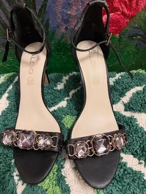 ALDO Black 3.5” High Hills Embellished Ankle-Strap Sandals